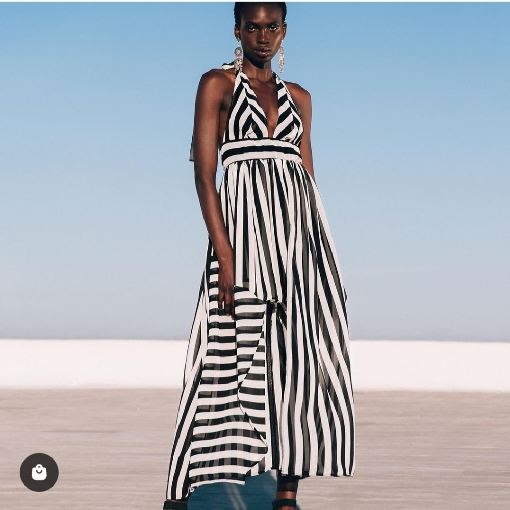 Megan Renee black & white striped dress, size M